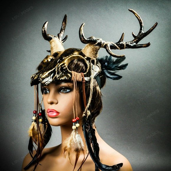 GOLD Antelope Devil Deer Horn Skull Masquerade NEW - Picture 9 of 10